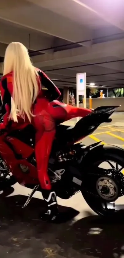 Dynamic red motorcycle in dim garage with rider.