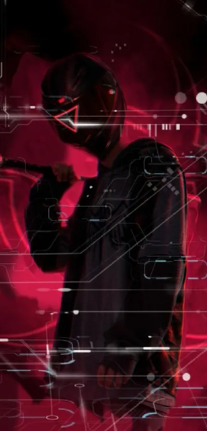 Futuristic cyberpunk figure with red neon background.