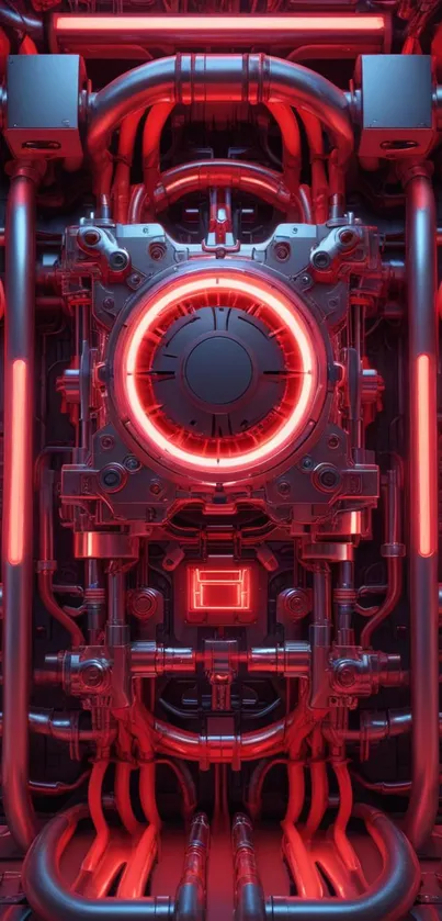 Futuristic red neon technology wallpaper with intricate machinery.