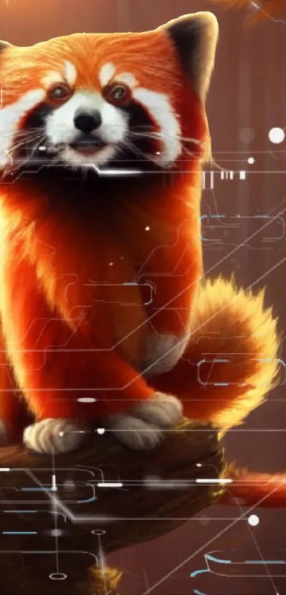 Futuristic red panda with digital effects.