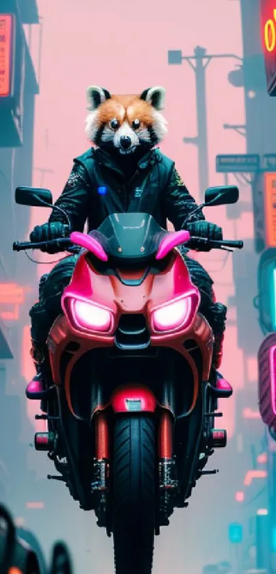 Red panda riding a motorcycle in a neon-lit city street.