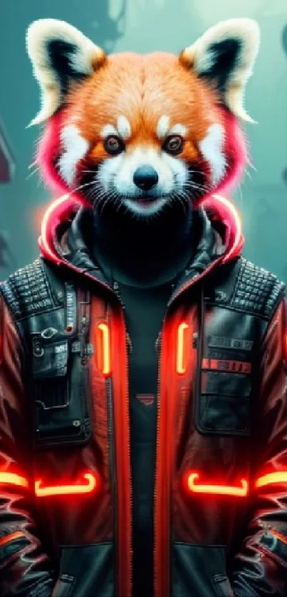 Cyberpunk red panda warrior in neon-lit cityscape.