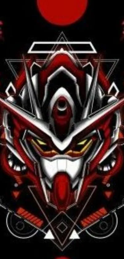 Futuristic red robot with geometric design on black background.