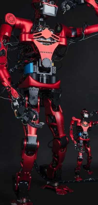 Vibrant red robots against a dark background.