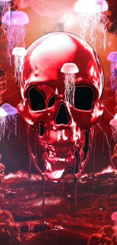 Futuristic red skull with cosmic jellyfish background.