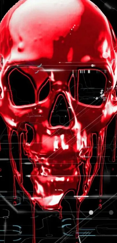 Glossy red skull on futuristic black background.