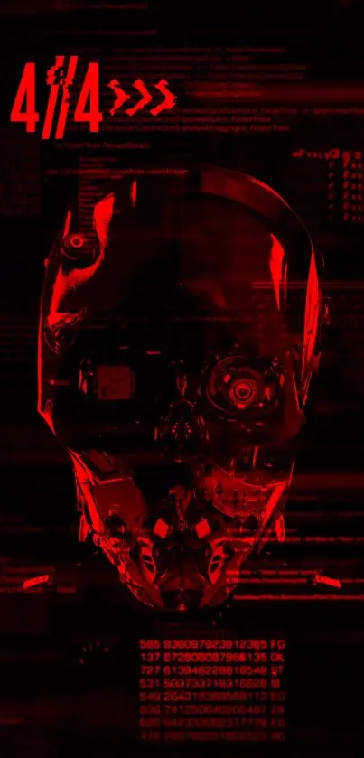 Futuristic red skull with digital elements in a glowing theme.