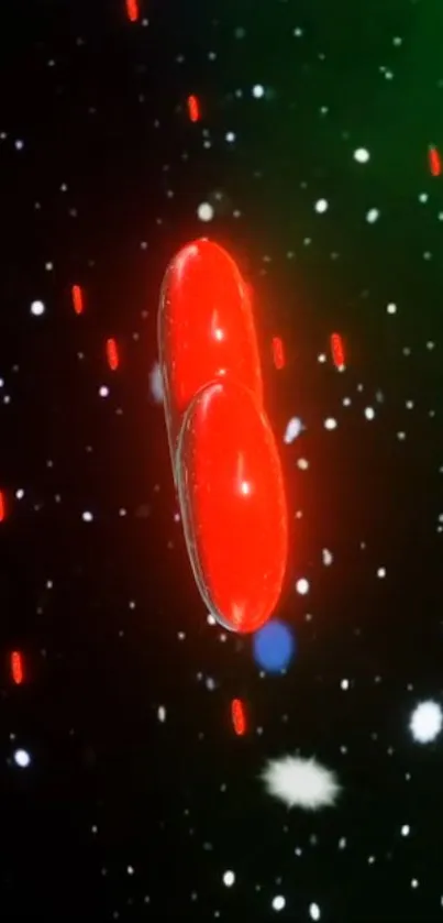 Futuristic red capsules floating in space with a cosmic background.