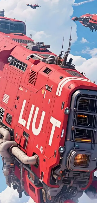 Futuristic red spaceship flying through clouds.