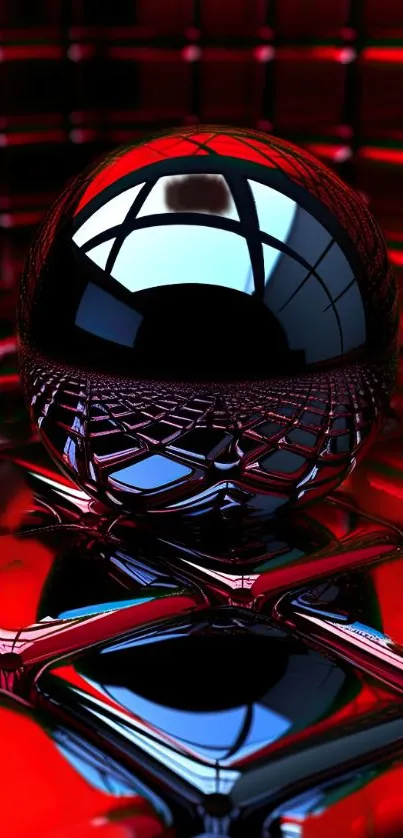 Futuristic red and black sphere reflecting light on a sleek surface.