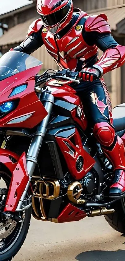 Futuristic red sports bike with a matching rider in front of wooden buildings.