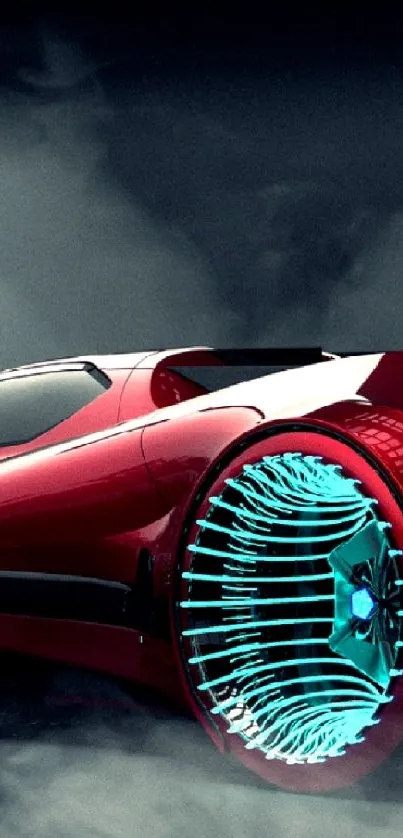 Futuristic red sports car with glowing blue wheels in mist.