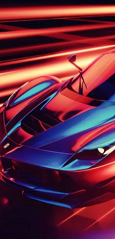 Futuristic red sports car with neon lights in motion.