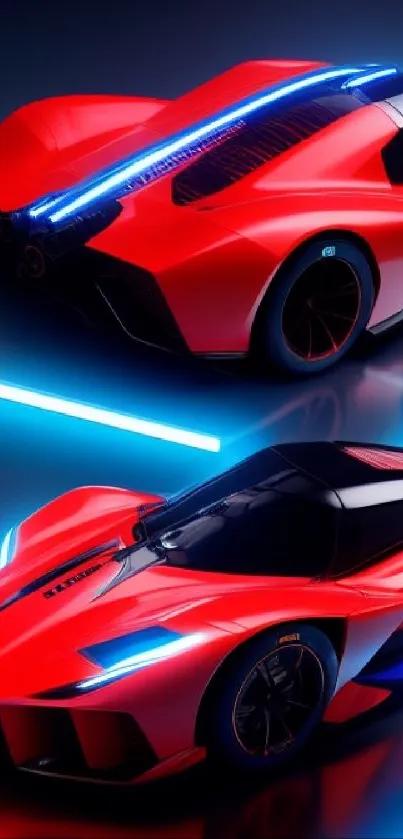 Futuristic red sports car with neon blue accents.