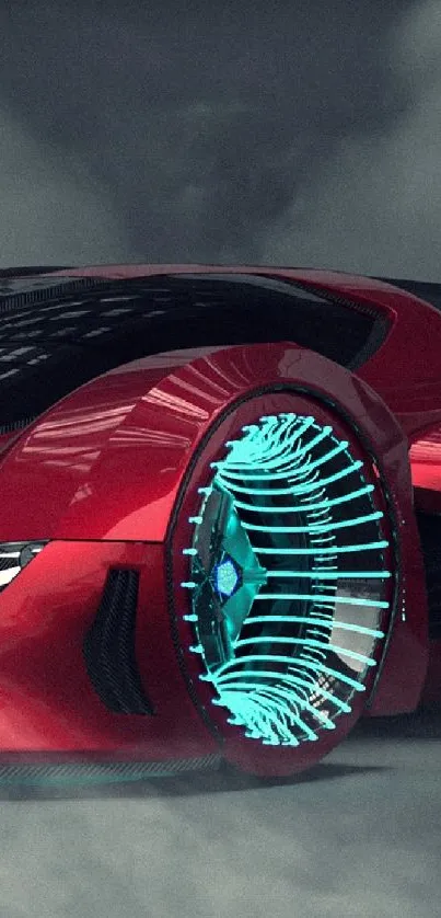 Futuristic red sports car with glowing cyan wheels in smoky setting.