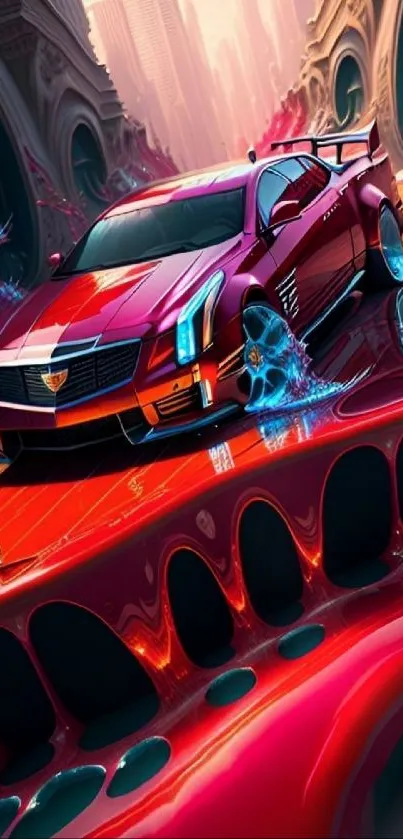 Futuristic red sports car in neon city background