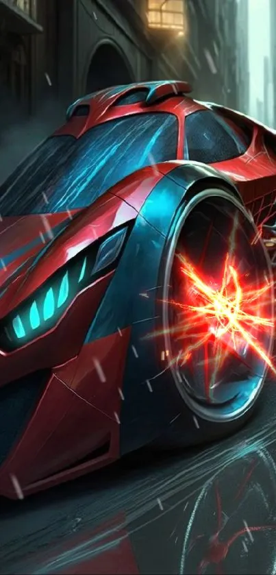 Futuristic red sports car in urban street setting with glowing lights.