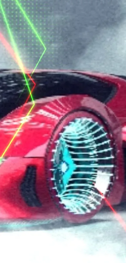 Futuristic red sports car with neon lights on mobile wallpaper.