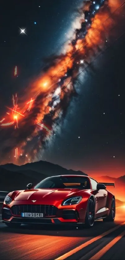 Futuristic red sports car under a glowing galaxy in a night sky.