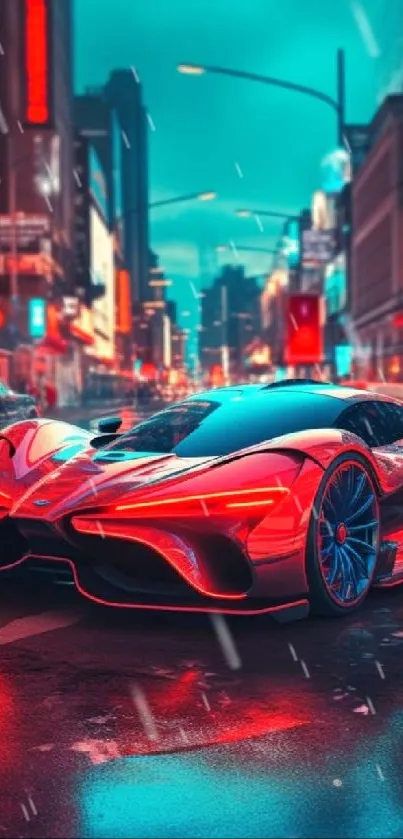 Futuristic red sports car in vibrant cityscape at night.