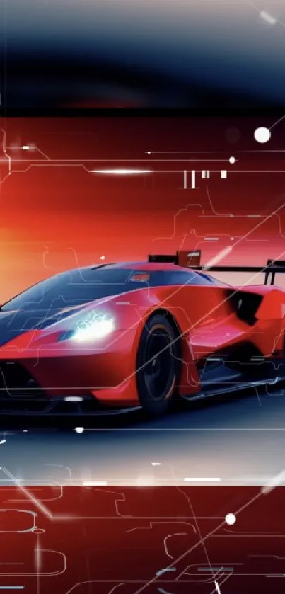 Futuristic red sports car with digital effects.