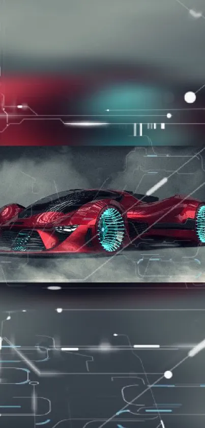 Futuristic red sports car with digital effects.