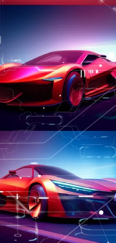 Futuristic red sports car with neon lights on a mobile wallpaper.