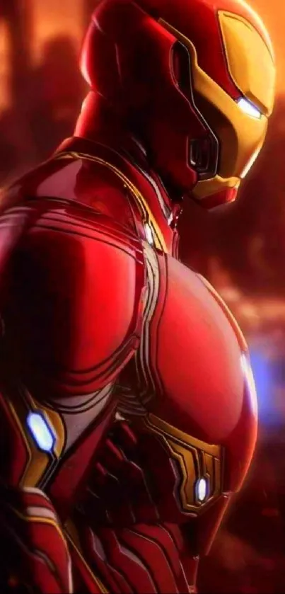 Futuristic superhero in red armor with dynamic background.