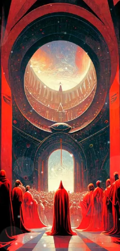 Futuristic red temple with robed figures and a cosmic view.