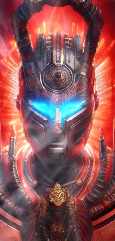 Futuristic warrior with blue eyes and red glow.