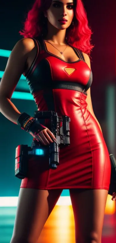 Futuristic wallpaper featuring a woman in a red cyber dress holding a futuristic weapon.