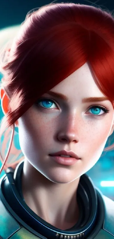 Futuristic redhead with cosmic backdrop in vibrant sci-fi mobile wallpaper.