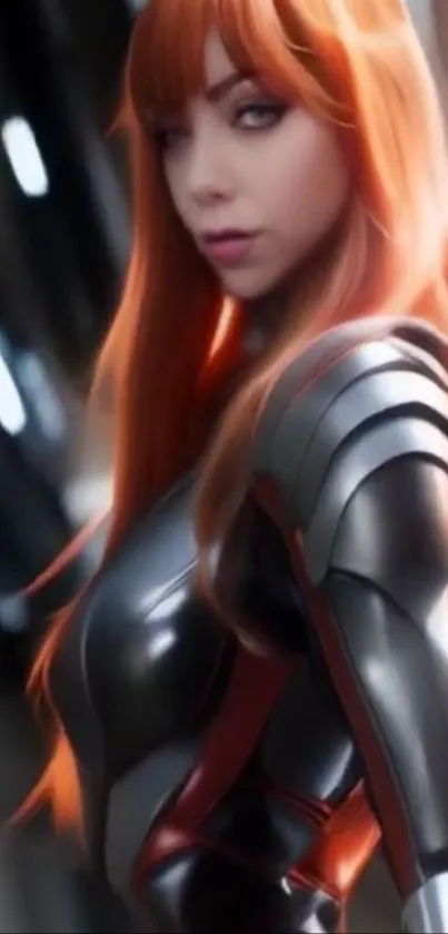 Futuristic red-haired warrior with sleek armor in a sci-fi setting.