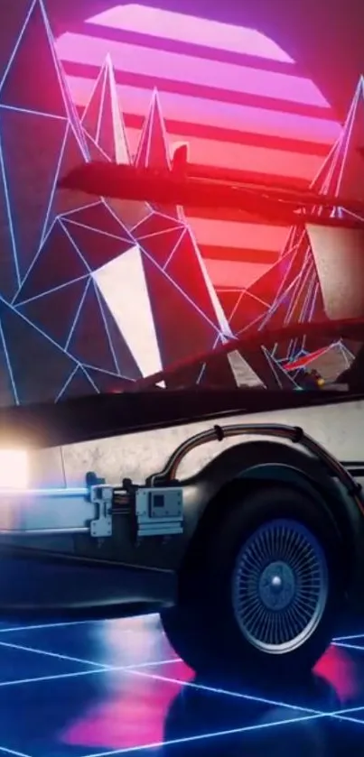 Futuristic car with neon background featuring a classic DeLorean.