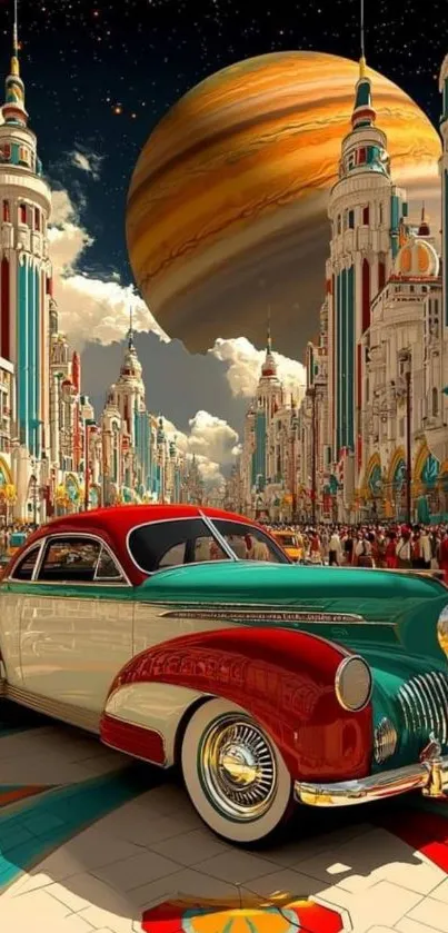A futuristic cityscape with a classic car under a cosmic sky.