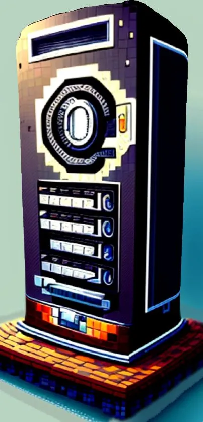 Futuristic retro phone in vibrant pixel art design with a dark cyan background.