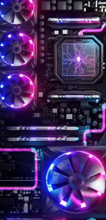 Futuristic circuit board wallpaper with RGB lights and neon design.