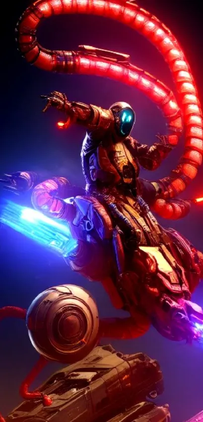 Futuristic armored rider in a neon sci-fi setting.