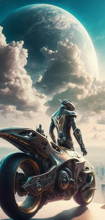 Futuristic scene with a robot riding a motorcycle against a cosmic sky.