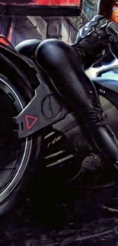 Futuristic character on a sleek motorcycle in a cyberpunk setting.