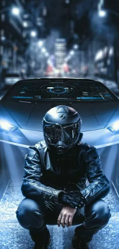 Futuristic biker in a neon-lit cityscape.