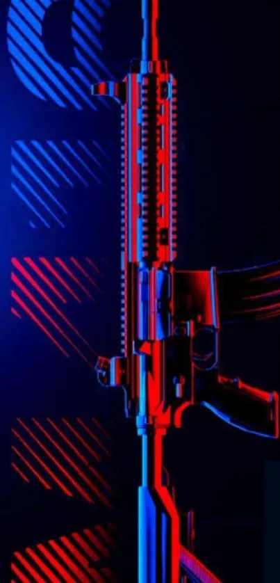 Futuristic neon rifle art with vibrant blue and red hues.