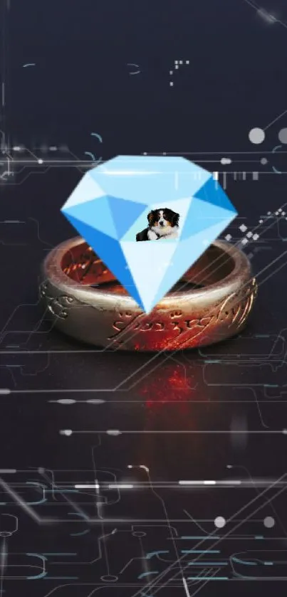 Futuristic ring with a bright blue diamond on a digital background.