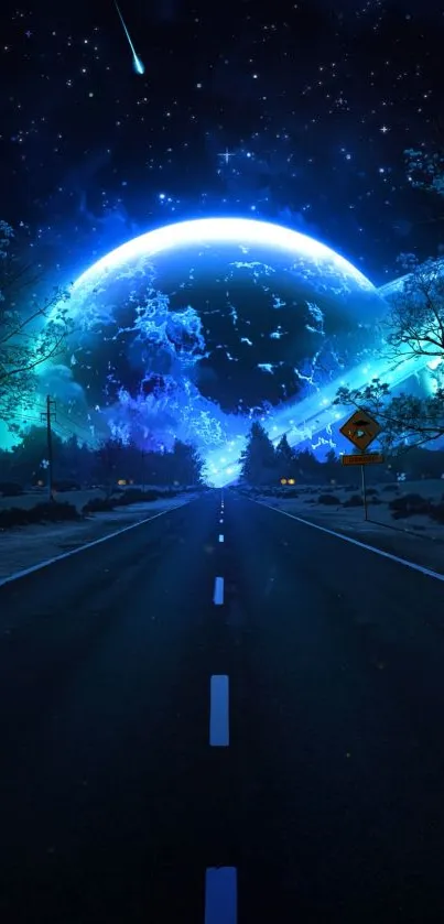 Mystic road beneath a glowing cosmic sky and blue planet.