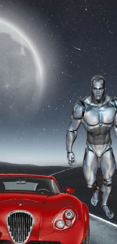 Futuristic scene with cyborg and car under moonlit sky.