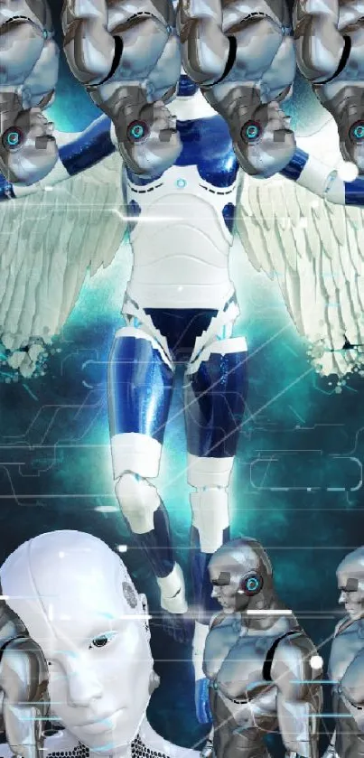 Futuristic mobile wallpaper with robotic angel.