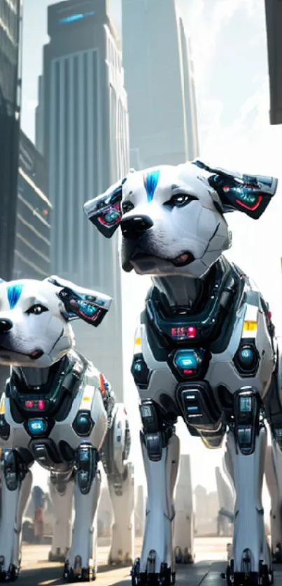 Futuristic robotic dogs in a sci-fi cityscape wallpaper.