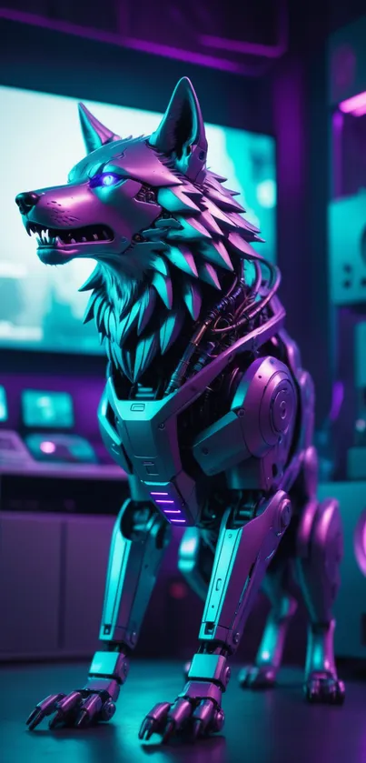 Robotic wolf in neon hues, futuristic mobile wallpaper.