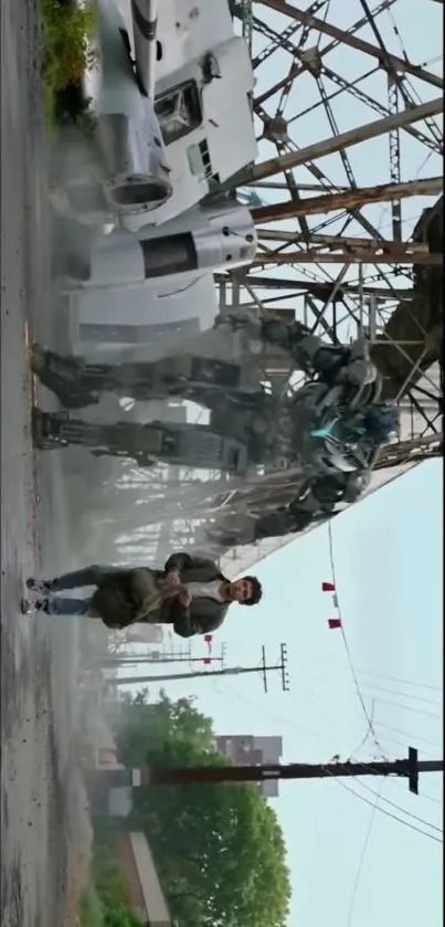 Futuristic robot alongside man in industrial setting.