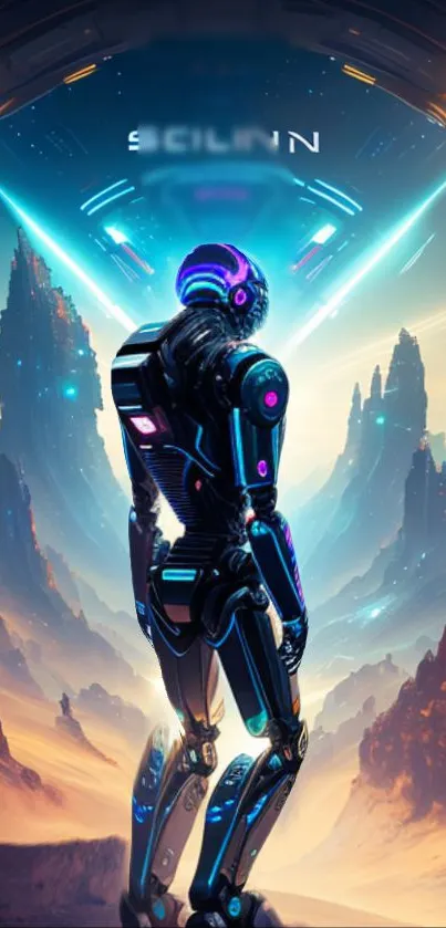 Futuristic robot in a vibrant sci-fi landscape with neon accents.